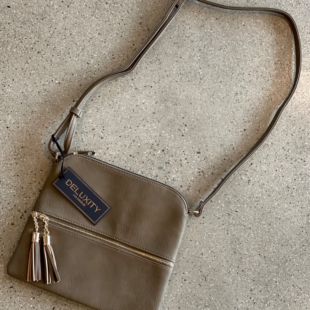 NWT Deluxity Crossbody Bag Purse with Tassel Taupe Vegan Faux Leather HY2038A